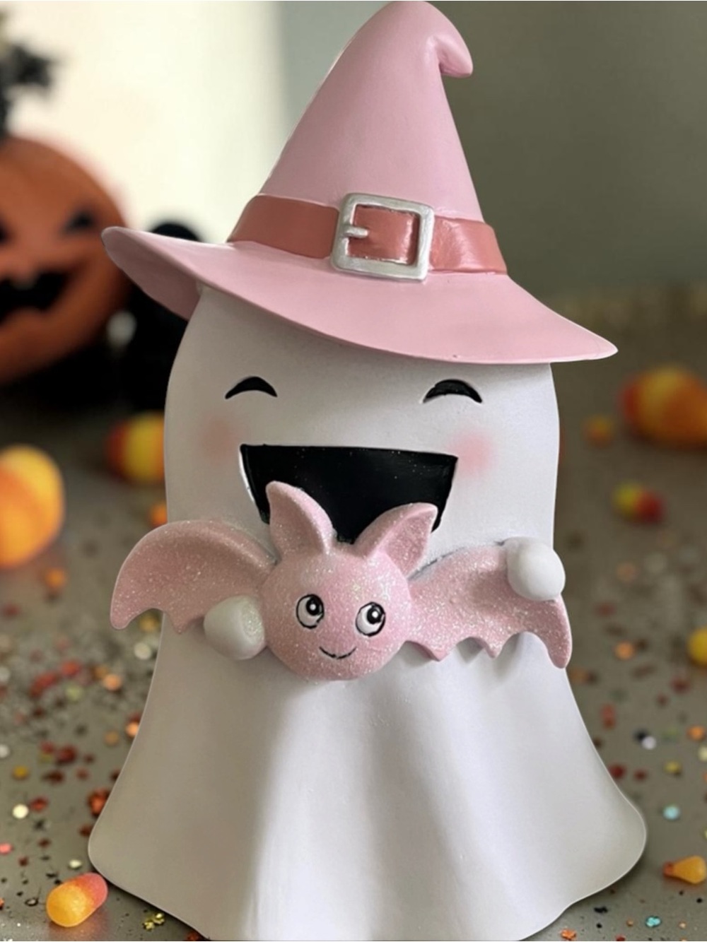 12” Pink Halloween Ghost Witch w/Pink Glitter Bat Decor NEW